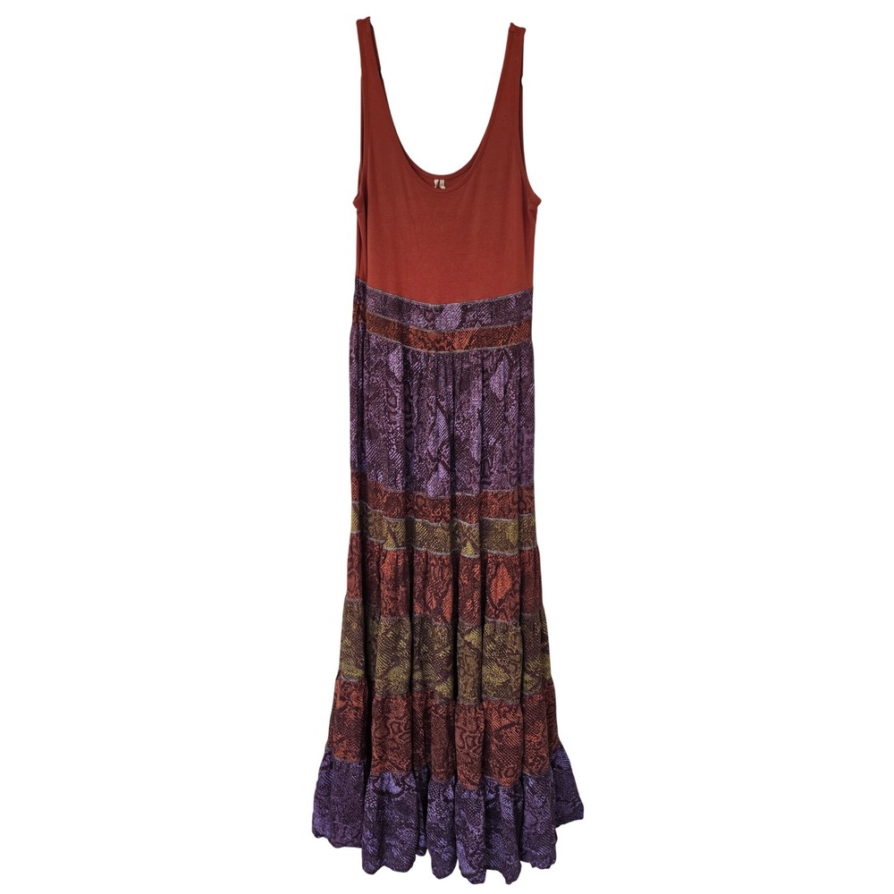 Anthropologie Colima Snake Print Tiered Maxi Dress L Fall Colors Boho Hippie - Picture 2 of 10